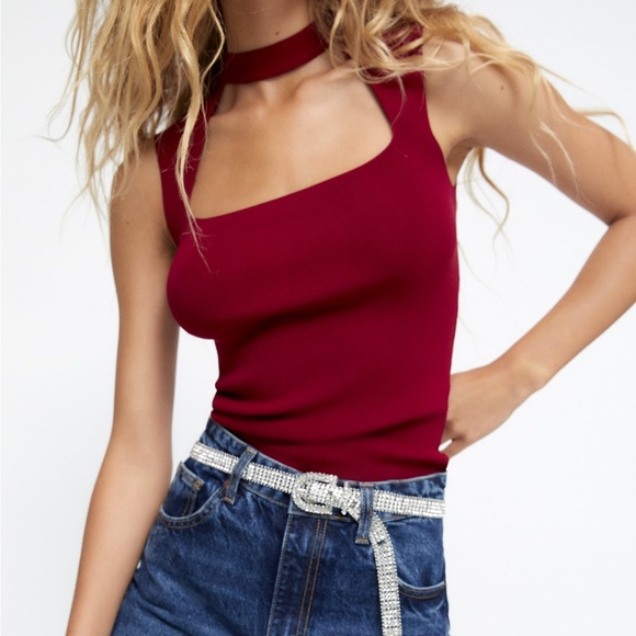 Zara Wine Burgundy Red Knit Cutout Square Neck Stretchy Top NWT - Picture 3 of 9